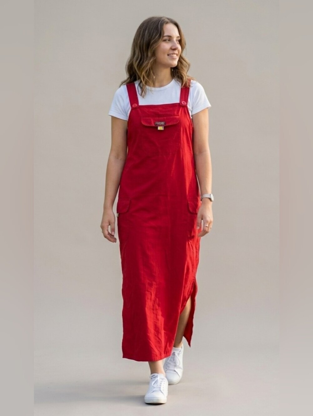 Vintage Uyum Sport Red Cargo Dress Y2K Gorpcore Utility Streetwear Maxi 90s